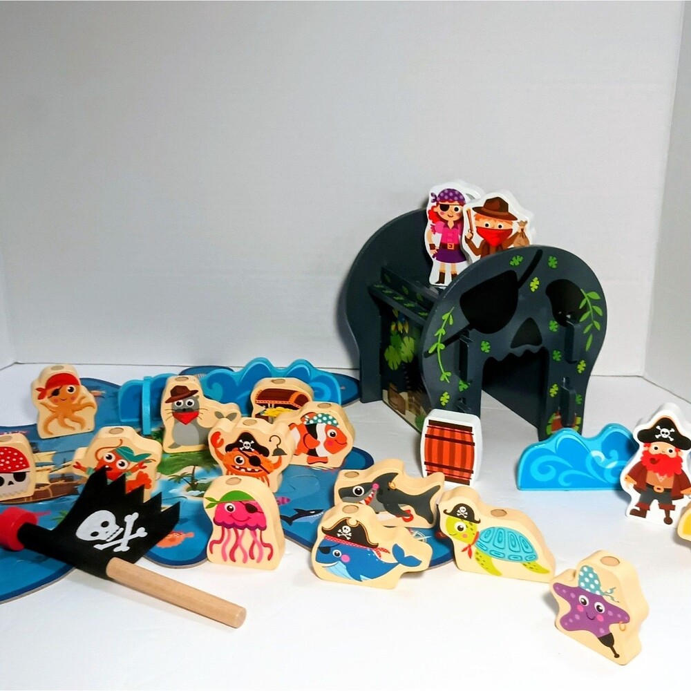 Wooden Pirate Pretend Play Set Island Cave Base w/ Figures, Sea Animal Pieces